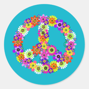 Peace Sign Floral on Turquoise Classic Round Sticker
