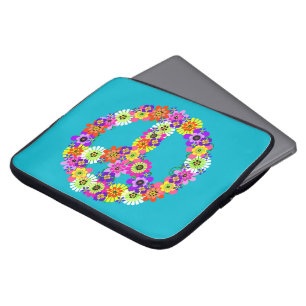 Peace Sign Floral on Turquoise Laptop Sleeve