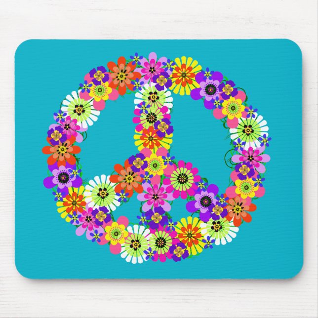 Peace Sign Floral on Turquoise Mouse Pad (Front)