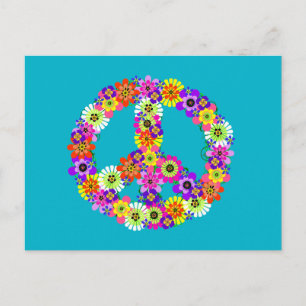 Peace Sign Floral on Turquoise Postcard