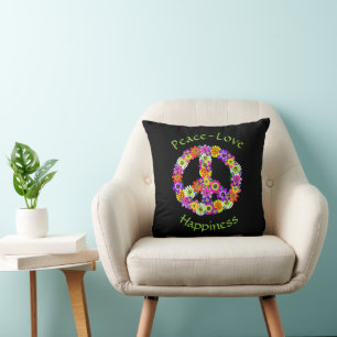 Peace Sign Floral Peace Love Happiness Cushion