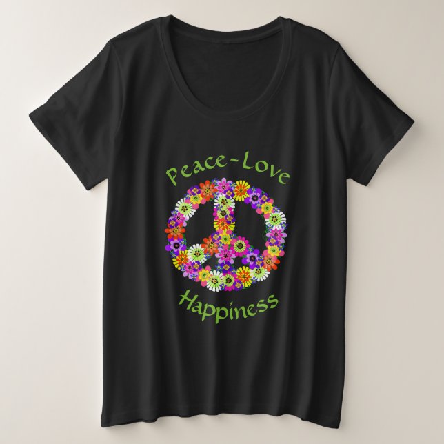Peace Sign Floral Peace Love Happiness Plus Size T-Shirt (Design Front)