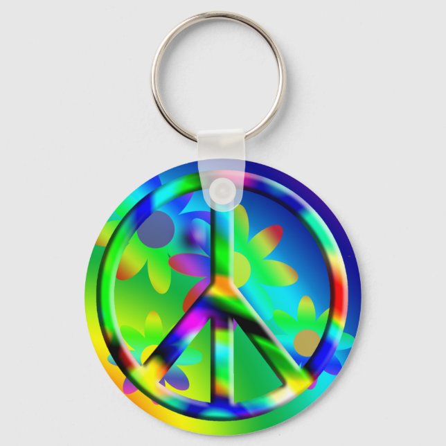 Peace Sign Flower Power Hippie Keychain (Front)
