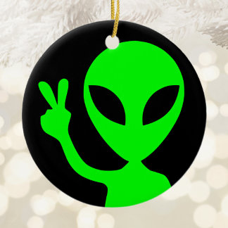Peace Sign Green Alien Ceramic Tree Decoration