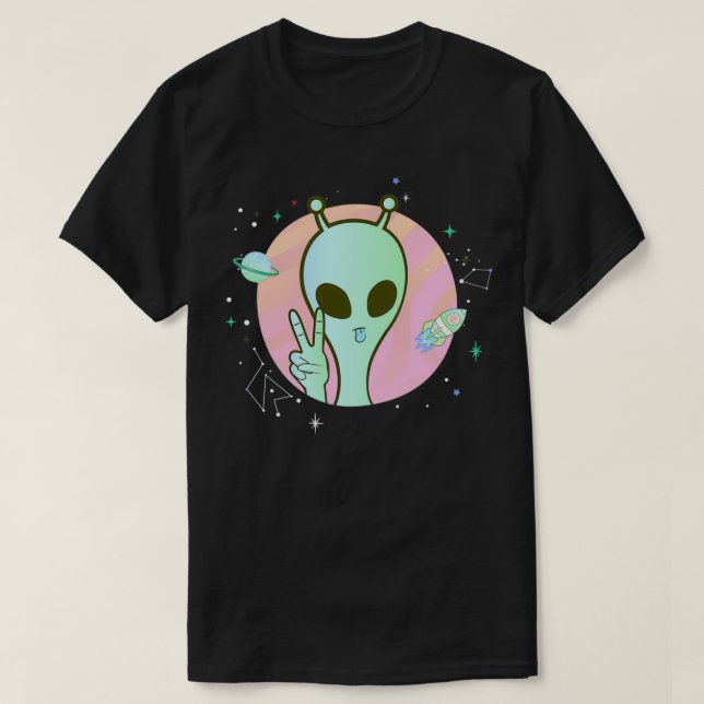 Peace Sign Hand Planet Stars UFO Cool Trippy Green T-Shirt (Design Front)