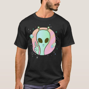 Peace Sign Hand Planet Stars UFO Cool Trippy Green T-Shirt