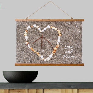 Peace Sign in Heart of Seashells on Sandy Beach Hanging Tapestry