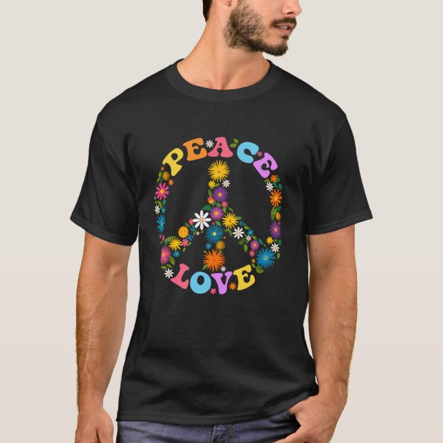 Peace Sign Love Flower 60s 70s Tie Dye Hippie Cost T-Shirt (Front)