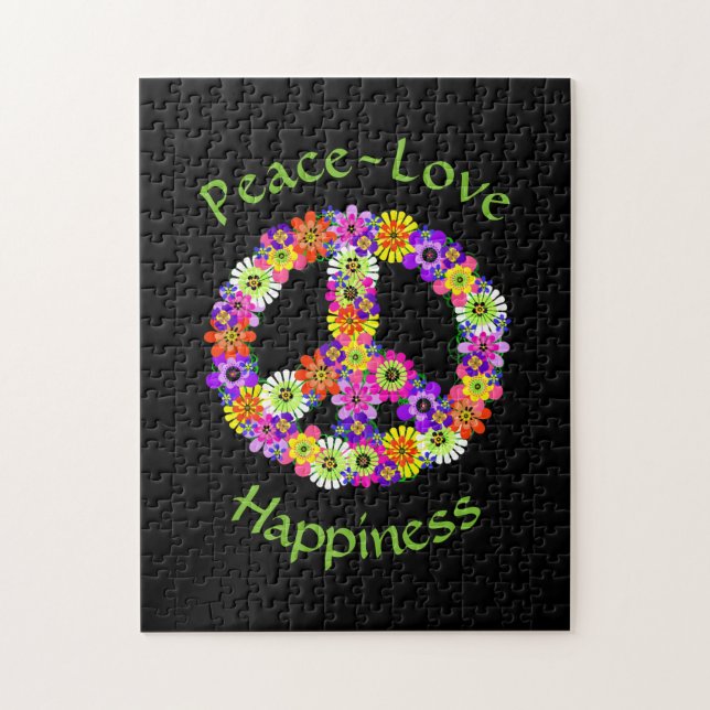 Peace Sign Love & Happiness on Black Jigsaw Puzzle (Vertical)