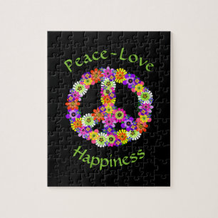 Peace Sign Love & Happiness on Black Jigsaw Puzzle