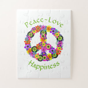 Peace Sign Love & Happiness on White Jigsaw Puzzle