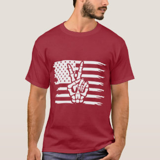 Peace Sign Patriotic American Flag Skeleton Hand T-Shirt