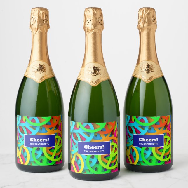 Peace Sign Pattern Groovy Sixties Vibe Sparkling Wine Label (Bottles)