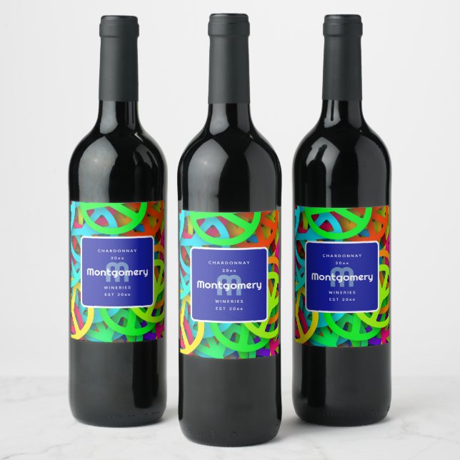 Peace Sign Pattern Groovy Sixties Vibe Wine Making Wine Label (Bottles)