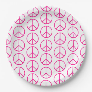 Peace Sign Pink Modern Retro Groovy Paper Plate