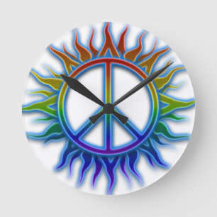 "Peace Sign Sun" Rainbow coloured peace sign Round Clock