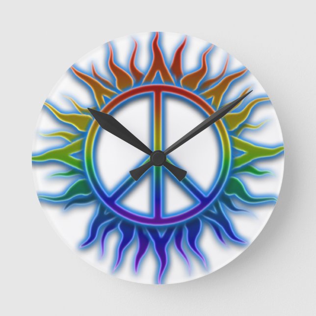 "Peace Sign Sun" Rainbow coloured peace sign symbo Round Clock (Front)