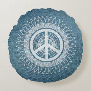 PEACE Sign Symbol Mandala Hippie Daisy Denim Jeans Round Cushion