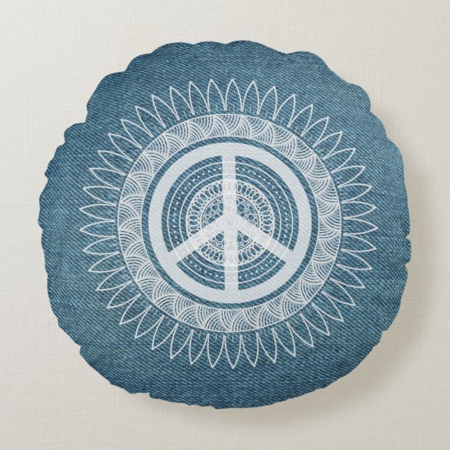 PEACE Sign Symbol Mandala Hippie Daisy Denim Jeans Round Cushion (Front)