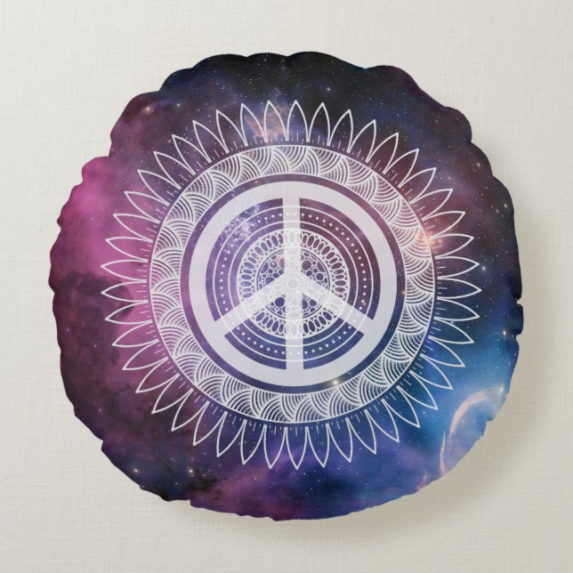 PEACE Sign Symbol Mandala Space Lacy Hippie Space  Round Cushion (Front)