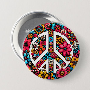 Peace Sign Symbol with flowers 7.5 Cm Round Badge
