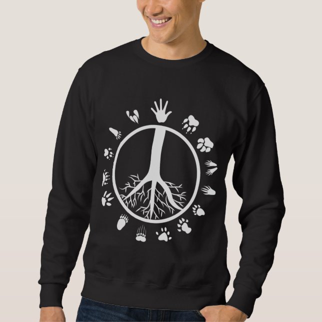 Peace Sign Tree Roots Animal Footprints Vegan Sweatshirt (Front)
