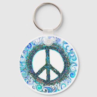 Peace Sign With Blue Waves Key Ring