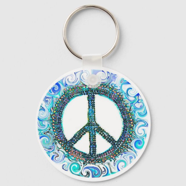 Peace Sign With Blue Waves Key Ring (Front)