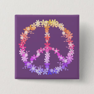 Peace sign with colourful flowers 15 cm square badge