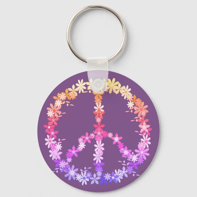 Peace sign with colourful flowers key ring (Front)
