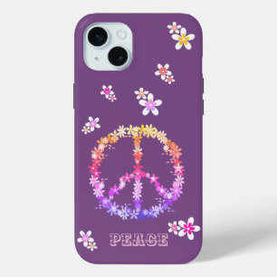 Peace sign with colourful flowers,Personalised  iPhone 15 Mini Case