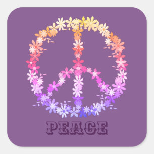 Peace sign with colourful flowers,Personalised Square Sticker