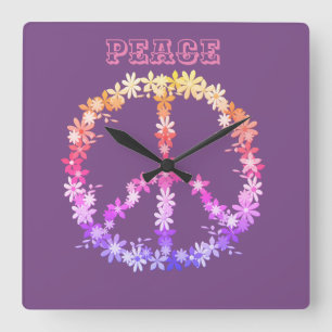 Peace sign with colourful flowers,Personalised Square Wall Clock
