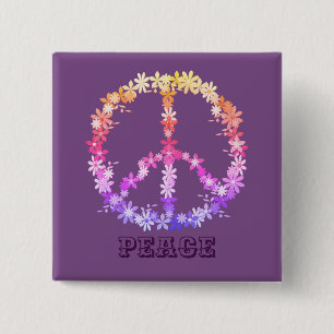 Peace sign with colourful flowers,Personalised tex 15 Cm Square Badge