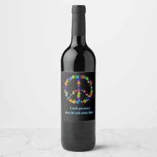 Peace sign with colourful flowers wine label