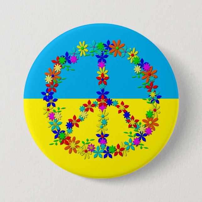 Peace sign with flowers,ukrainian flag  7.5 cm round badge (Front)