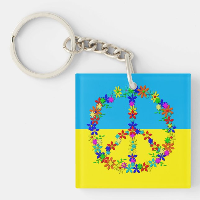 Peace sign with flowers,ukrainian flag  button key ring (Front)