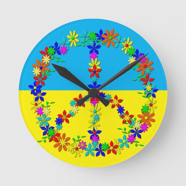 Peace sign with flowers,ukrainian flag  button wat round clock (Front)