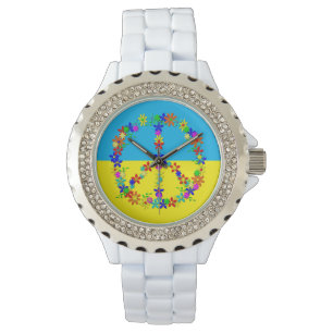 Peace sign with flowers,ukrainian flag  button wat watch
