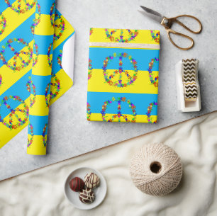 Peace sign with flowers,ukrainian flag  button wat wrapping paper