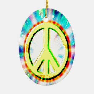 PEACE Sign Yellow Colourful Happy and Fun Ceramic Tree Decoration