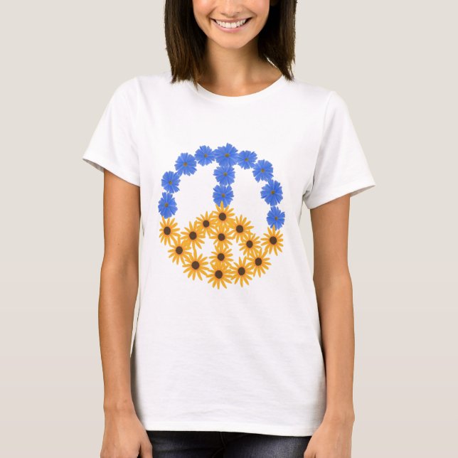 Peace Sign Yellow Sunflowers Blue Cosmos Flowers T-Shirt (Front)