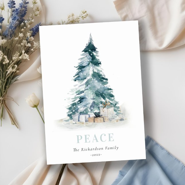Peace Snow Watercolor Pine Christmas Tree Gifts Holiday Card (Creator Uploaded)