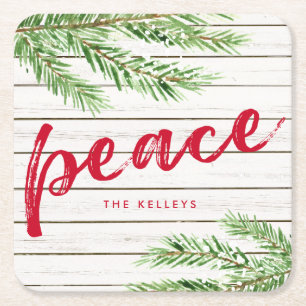 Peace, Snowy Evergreen Personalised Square Paper Coaster