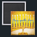 Peace Sparkle Shine Script Yellow Hanukkah Menorah Magnet<br><div class="desc">“Peace, sparkle, shine.” A close-up photo of a bright, colourful, yellow and gold artsy menorah helps you usher in the holiday of Hanukkah in style. Feel the warmth and joy of the holiday season whenever you use this bright, colourful Hanukkah magnet. Matching cards, postage, stickers, pillows, housewares, totebags, and other...</div>