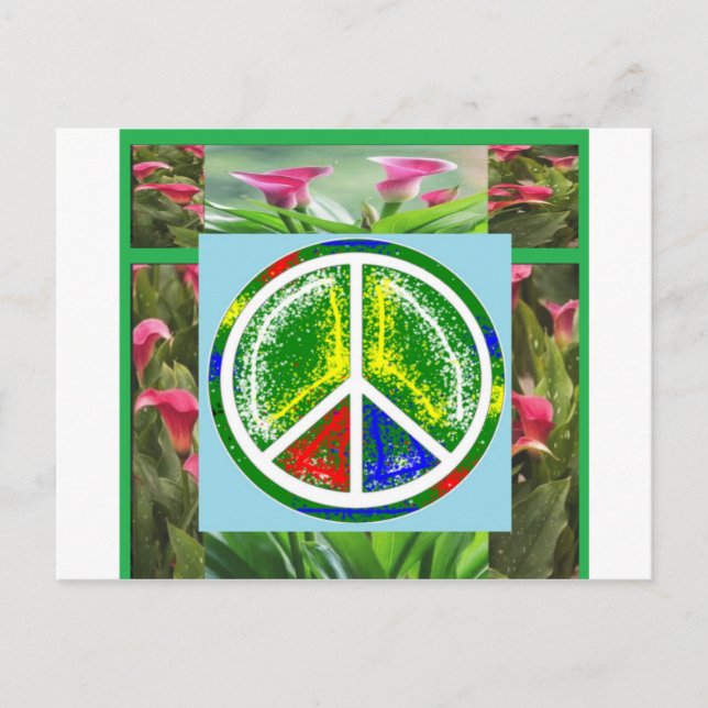 PEACE SYMBOL :  Green Artistic Flowers Postcard (Front)