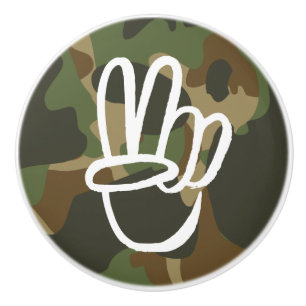 PEACE Symbol Hand V Sign Hippie Green Camouflage Ceramic Knob