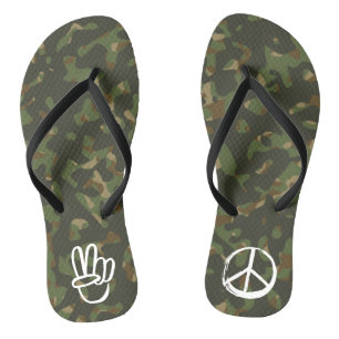 PEACE Symbol Hand V Sign Hippie Green Camouflage Jandals