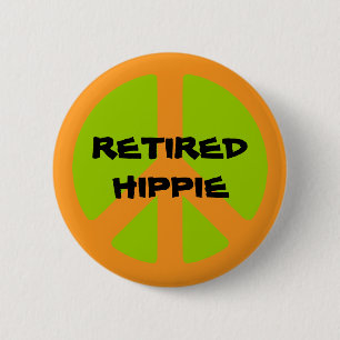 Peace Symbol, Retired Hippie, pinback button. 6 Cm Round Badge