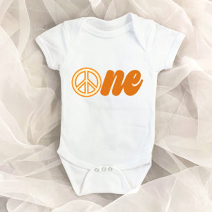 Peace Symbol Retro 70's Orange ONE 1st Birthday Baby Bodysuit